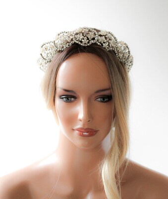 Silver Bridal tiara with White opal and clear crystals, Floral Wedding crown for bride, Wedding hair accessory - image5